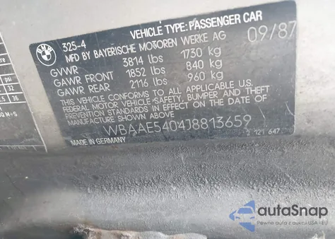 1988 BMW 325 z USA, uszkodzony, nr VIN WBAAE5404J8813659